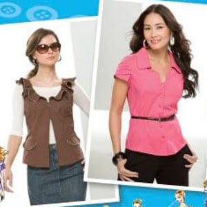 May include: A Simplicity Project Runway sewing pattern envelope featuring two photographs of garments: a brown sleeveless vest with ruffled edges and a pink short-sleeved button-down shirt with a belt, alongside illustrated fashion sketches.