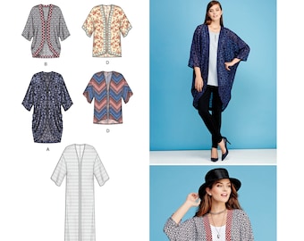 May include: Simplicity easy-to-sew pattern 1108. The image shows a sewing pattern for various kimono-style jackets. The pattern includes different designs, such as floral, geometric, and solid patterns. The image also features two women wearing the finished garments.