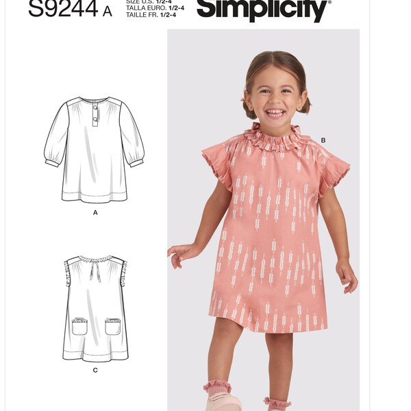 Sewing Pattern for Toddler Girls Dress, Girls Summer Dress, Puff Sleeve Dress, Frill Neckline Dress, Simplicity 9244, Size 1/2-4, Uncut FF