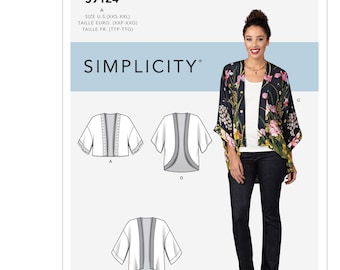 Easy Sewing Pattern for Womens Kimono Jackets, Womens Cardigan, Short Sleeve Jacket, Simplicity 9124, Size XXS-XXL, Uncut FF