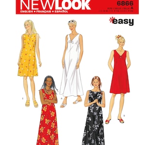 Puede incluir: Patrón de costura para un vestido maxi sin mangas con una variedad de estilos. El patrón incluye un vestido de estampado floral amarillo, un vestido blanco con un lazo en el escote, un vestido rojo y un vestido de estampado floral negro y blanco. El patrón es para las tallas S-XL.