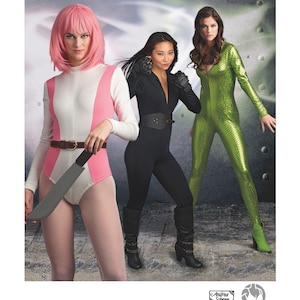 May include: Simplicity pattern 8670 featuring three costume designs. One model wears a white and pink bodysuit with a brown belt and a prop knife. Another model is in a black jumpsuit. The third model is in a green, scale-like jumpsuit.