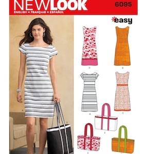 Puede incluir: Patrón de costura para un vestido y una bolsa de mano. El patrón incluye cuatro estilos de vestidos diferentes y tres estilos de bolsas de mano. El patrón está etiquetado como "New Look" y "Easy".
