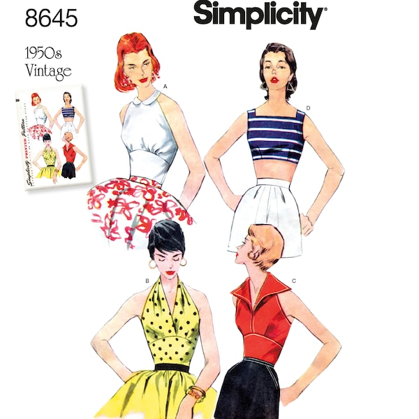 Sewing Pattern for Womens Tops, Crop Top, Halter Tops, Square Neckline Tops, Bra Tops, Simplicity 8645, Size 4-12, Uncut FF