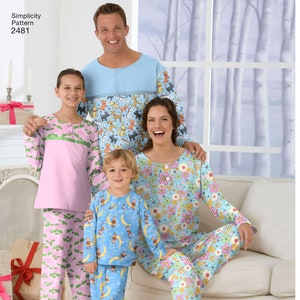 May include: Simplicity Pattern 2481 sewing pattern for matching pyjamas. The set includes long-sleeve tops and trousers with various prints, including dogs, flowers, and monkeys on moons, featuring button-front plackets and round necklines.