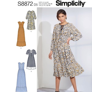 May include: Simplicity sewing pattern #S8872 size D5 for sizes US 4-12, Talla Euro 30-38, Taille FR 32-40. The pattern includes instructions for making four different styles of dresses: a long, sleeveless dress with a tiered skirt, a long, sleeveless dress with a scalloped hem, a long-sleeved dress with a tiered skirt, and a short-sleeved dress with a tiered skirt.