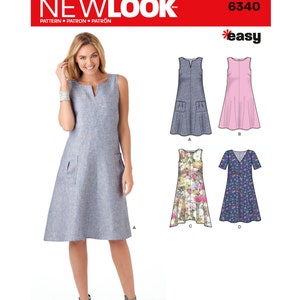 May include: A sewing pattern for four different dresses. The pattern is called "New Look" and the pattern number is 6340. The pattern is labeled "easy". The dresses are all sleeveless and have a loose fit. The first dress is a solid light blue, the second dress is a solid pink, the third dress is a floral print, and the fourth dress is a floral print with short sleeves.