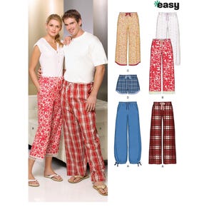 May include: A sewing pattern for trousers with different styles, including plaid, floral, and plain colours. The pattern is labelled "easy" and includes instructions for making different styles of trousers.
