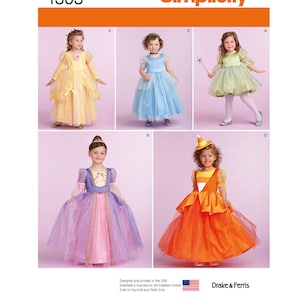Peut inclure: Patron de couture Simplicity numéro 1303 pour quatre costumes de princesse pour enfants. Le patron comprend une robe de princesse jaune, une robe de princesse bleue, une robe de princesse verte et une robe de princesse orange.