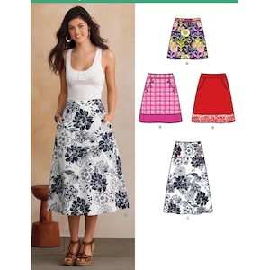 May include: A pattern guide for sewing a skirt with four different fabric options. The skirt is a-line and knee-length. The fabric options include a floral print, a plaid print, a solid red, and a floral print with a contrasting trim.