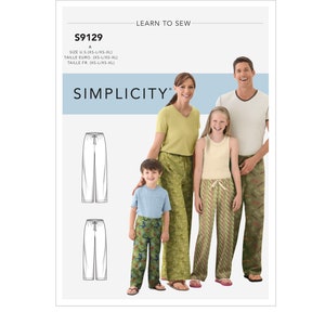 May include: Simplicity sewing pattern S9129 for pajama trousers. The pattern includes sizes XS-XL. The image shows a family wearing pajama trousers in various patterns. The text "Learn to Sew" and the Simplicity logo are visible.
