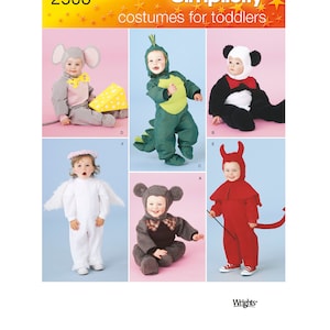 May include: Simplicity pattern featuring toddler costumes. The image shows six different costumes: a mouse, a dinosaur, a panda, an angel, a monkey, and a devil. The costumes are colorful and designed for young children.