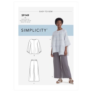 Peut inclure: Patron de couture Simplicity S9149, comprenant un haut et un pantalon. Le patron inclut les tailles 36-44. L'image montre une femme portant l'ensemble fini : un haut ample de couleur claire et un pantalon large gris. Le texte "EASY-TO-SEW" est en haut.