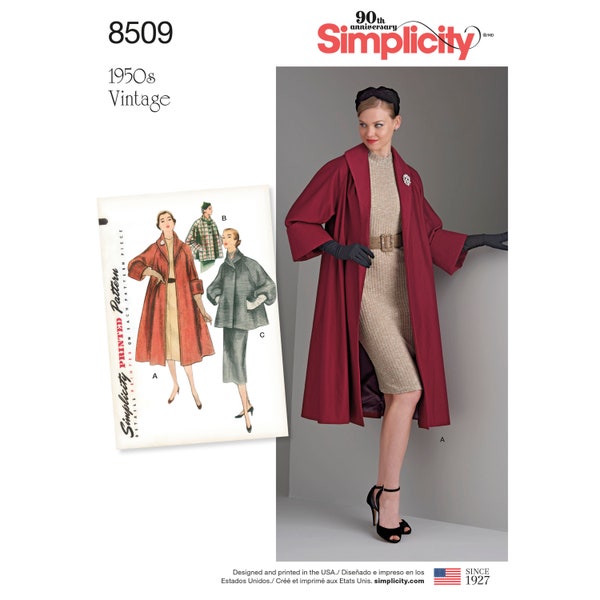 Sewing Pattern for Womens Jacket, Long Jacket, Vintage Style Coat, Shawl Collar Jacket, Simplicity 8509, Size 6-14 14-22, Uncut FF