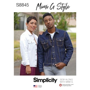 May include: Two people are wearing denim jackets. The person on the left is wearing a white denim jacket and the person on the right is wearing a blue denim jacket. The text "Simplicity" is in the bottom left corner of the image. The text "Sew Along with Mimi G" is in the bottom right corner of the image. The text "S8845" is in the top left corner of the image. The text "Mimi G Style" is in the top center of the image.