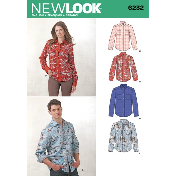 Sewing Pattern for Mens Tops, Mens Button Front Shirts, Long Sleeve Tops, Collared Shirt, New Look 6232, Size XS-XL, Uncut and FF