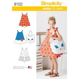 May include: A sewing pattern for a girl's dress and a cat-shaped bag. The pattern is Simplicity 8102 and is easy-to-sew. The dress has a variety of styles, including a sleeveless dress with a ruffle hem and a dress with a pocket.
