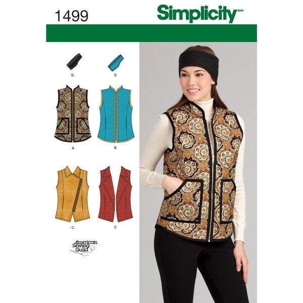 Sewing Pattern for Womens Vests and Headband, Zip Front Vest, Quilted Vest, Open Front Vest, Simplicity 1499, Size 6-14 16-24, Uncut FF