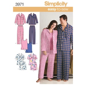 Einfaches Schnittmuster für einen Pyjama für Herren und Damen, gestricktes Tank Top, Pyjamashorts, Pyjama mit Knopfleiste vorne, Einfachheit 3971, Größe S-L XL-XXXL
