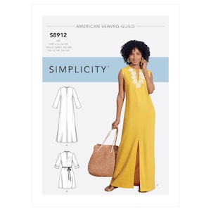 May include: Simplicity sewing pattern S8912 for a maxi dress with a V-neck and a front slit. The pattern includes three variations: a long-sleeved dress with a tie belt, a sleeveless dress with embroidery, and a sleeveless dress with a front slit.