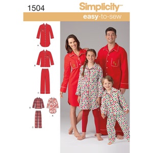 May include: Simplicity easy-to-sew pattern 1504. The image shows a family wearing matching pajamas. The adults are in red pajamas with white trim and embroidered initials. The children are wearing pajamas with a colorful print. The pattern includes different pajama styles.