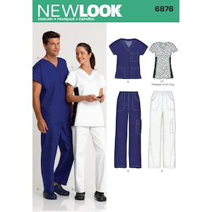 May include: A New Look sewing pattern featuring scrubs. The pattern includes a blue V-neck top and pants, and a white top and pants. The pattern also shows a patterned top with green accents. The pattern number is 6876.