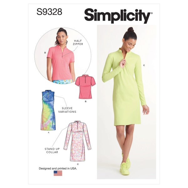 Sewing Pattern for Women's Knit Dress and Tops, Tennis Dress, Activewear, Half Zip Tops, Simplicity 9328, Size 6-14 14-22, Uncut FF