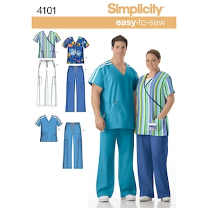 May include: Simplicity 4101 easy-to-sew pattern envelope featuring illustrations of scrub tops and pants in various colors and prints, alongside photographs of two individuals wearing a solid turquoise scrub set and a striped wrap scrub top.