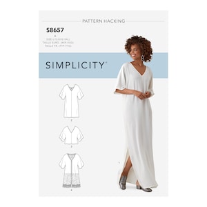 May include: A white V-neck maxi dress with short sleeves and a side slit, displayed on a model. The image also shows sewing pattern diagrams. The pattern is labeled "S8657" and includes size information.