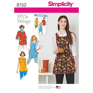 May include: Simplicity 8152 vintage sewing pattern. The image shows a woman wearing an apron with a brown and yellow pattern. The pattern includes illustrations of aprons from the 1970s. The Simplicity logo is at the top.