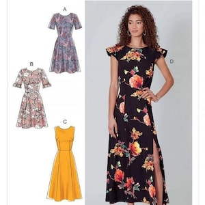 Puede incluir: Patrón de costura McCall's M7971 para un vestido con cuatro variaciones diferentes. El vestido tiene un corpiño ajustado y una falda fluida. El patrón incluye un vestido de estampado floral con una abertura lateral, un vestido amarillo liso, un vestido de estampado floral con mangas cortas y un vestido de estampado floral con mangas 3/4.