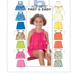 May include: A Butterick sewing pattern, B4503, featuring six fast and easy sewing projects for girls. The pattern includes tops and shorts in various colors and patterns. A young girl is smiling in the center of the image.