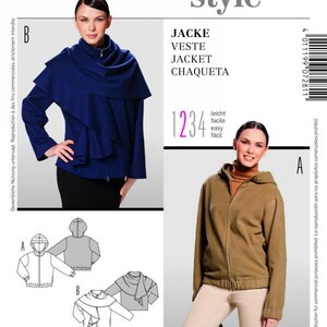 May include: A Burda Style 7281 sewing pattern envelope featuring two jacket designs. Design B is a dark blue jacket with a draped collar and zipper. Design A is a tan hooded jacket with a front zipper. Includes technical line drawings and size charts.