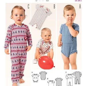 May include: Burda Kids sewing pattern 9384 for bodysuits and jumpsuits in sizes US 1M-2. The pattern features three variations: a long-sleeve patterned jumpsuit, a short-sleeve polka dot romper, and a short-sleeve striped bodysuit with a front pocket.