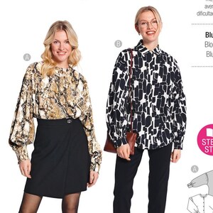 May include: A Burda Style sewing pattern envelope 5775 featuring two blouse designs. One blouse has a tan and black snakeskin print, and the other has a black and white abstract geometric pattern. Both blouses feature long sleeves with cuffs.