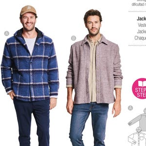 May include: A Burda Style pattern featuring two men modeling jackets. The pattern includes the text "burda style" in pink, the number "5768", and the words "Jacke, Veste, Jacket, Chaqueta". The difficulty level is indicated as "mittel, moyen, average, dificultad media".