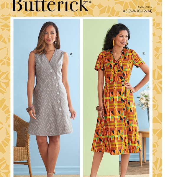 Easy Sewing Pattern for Women's Dress, Mock Button Front Summer Dress Pattern, Linen Dress, Size 6-14 and 14-22, Butterick 6727, Uncut FF