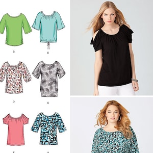 May include: Simplicity 1805 sewing pattern envelope featuring illustrations of six different top designs with various sleeve lengths, necklines, and patterns, alongside photographs of two finished tops in black and a blue-black abstract print.