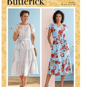 May include: A sewing pattern for a midi dress with a tie waist and short sleeves. The pattern is available in sizes 6-8-10-12-14. The dress is shown in two variations: one with a striped fabric and one with a floral print.