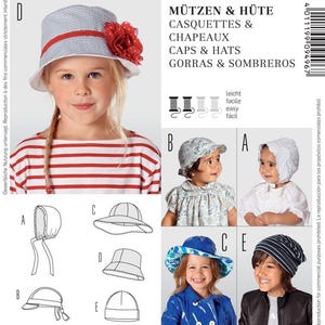 May include: A Burda Kids 9496 sewing pattern envelope for caps and hats. The cover features photographs of children wearing various hat styles, including a striped bucket hat with a red flower, and technical line drawings with head sizes 15 to 21.25 inches.
