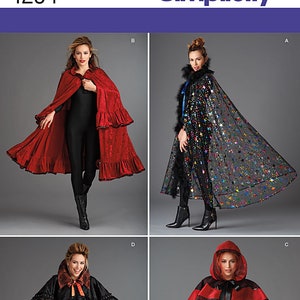 May include: Simplicity pattern 1294 features four cape designs. View B is a long red velvet cape with ruffles. View A is a long sheer black cape with colorful star sequins and feather trim. View D is a short black cape. View C is a short red hooded cape.