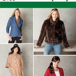 May include: Simplicity pattern 2150 features four jacket designs: a blue wrap jacket with side ties, a brown faux fur jacket with a zipper, a tan three-quarter sleeve jacket with buttons and pockets, and a red jacket with a draped front collar.