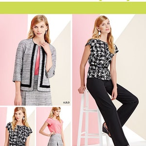 May include: Simplicity pattern 1202 features a variety of women's clothing designs. The image showcases a tweed jacket and skirt set, a black and white patterned top, a pink top, and black pants. The pattern is designed and printed in the USA.
