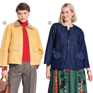 May include: A Burda Style 5695 sewing pattern envelope featuring two jacket designs. Design A is a yellow jacket with a brown collar and pockets. Design B is a dark blue denim jacket with a zipper. The envelope includes technical line drawings.