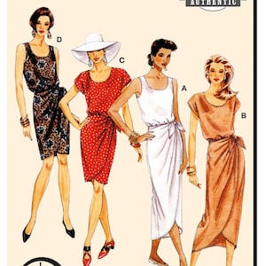May include: McCall's M8501 vintage 90's sewing pattern for a sarong dress. The illustration shows four variations of the dress: a dark patterned sleeveless dress, a red polka dot dress with a white hat, a white sleeveless dress, and a solid tan dress.