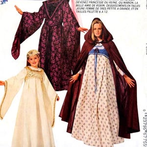 May include: McCall's Costumes pattern 6775 for medieval-style clothing. The envelope features illustrations of three outfits: a dark purple floral gown with a matching cone hat, a cream dress with gold trim, and a white floral dress with a dark red hooded cape.
