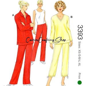 May include: Kwik Sew pattern 3393 for misses' sizes XS-XL. The image shows three models wearing different outfits. One model is wearing a red tracksuit, another is wearing a white tank top and red pants, and the third is wearing a yellow tracksuit.