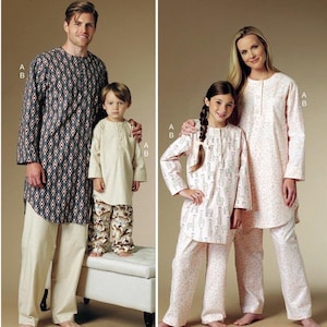 May include: Butterick sewing pattern B6429 featuring pajama sets for adults and children. The pattern includes long-sleeved tunic tops with button plackets and coordinating long pants in various prints, including geometric, animal, and giraffe patterns.