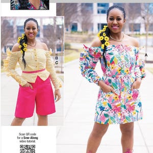 May include: A sewing pattern envelope labeled ME2042 by Duana M. Chandler for Know Me by Mimi G. The cover displays two garment variations: a floral off-the-shoulder dress and a yellow striped off-the-shoulder top paired with bright pink shorts.
