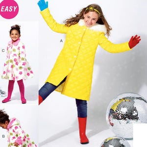 May include: McCALL'S sewing pattern envelope featuring three coat variations. View A is a long yellow quilted coat with a white faux fur collar. Views B and C are white coats with pink and green floral patterns and pink faux fur collars.
